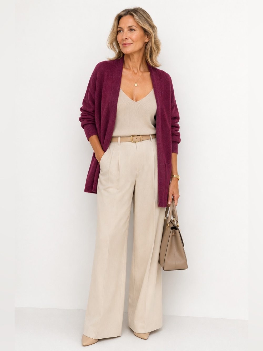 100% Cashmere Magaschoni Open-Front Long Cardigan Sweater burgundy wine XL